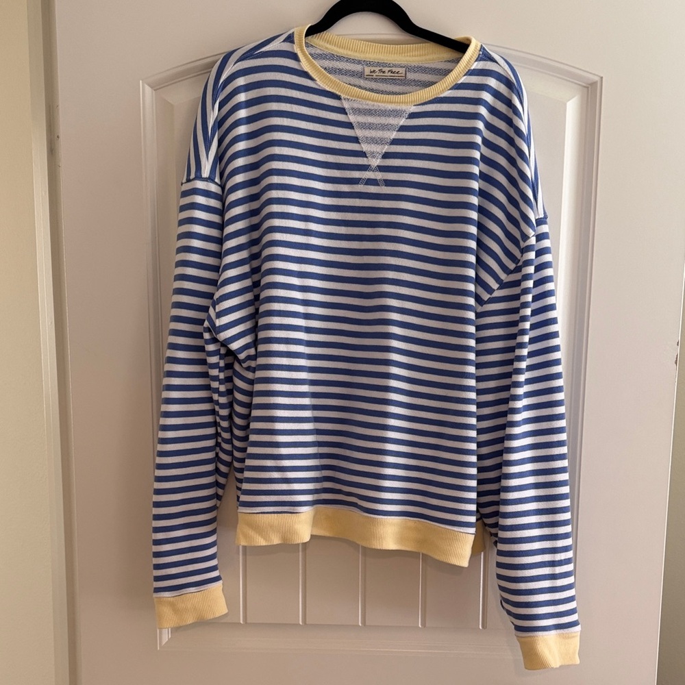 Free People Blue and White Striped Crewneck Sweater with Yellow Accents